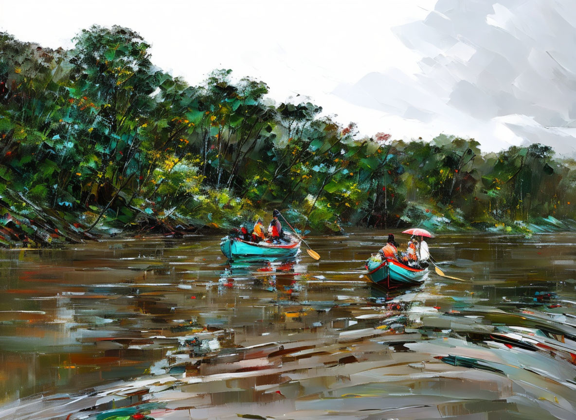 Vibrant boats with passengers on river, reflecting light, amid lush foliage