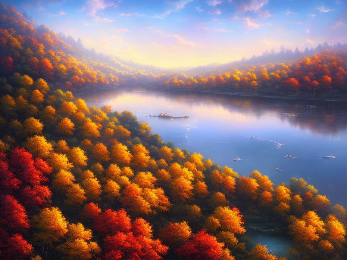 Tranquil river in vibrant autumn forest at sunrise