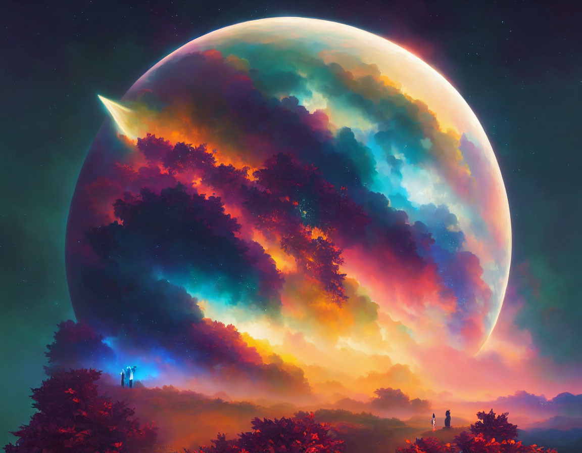 Colorful sci-fi landscape with colossal planet and silhouetted trees.