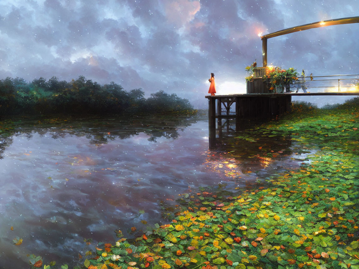 Person in Red Dress on Wooden Dock by Tranquil Lake at Twilight