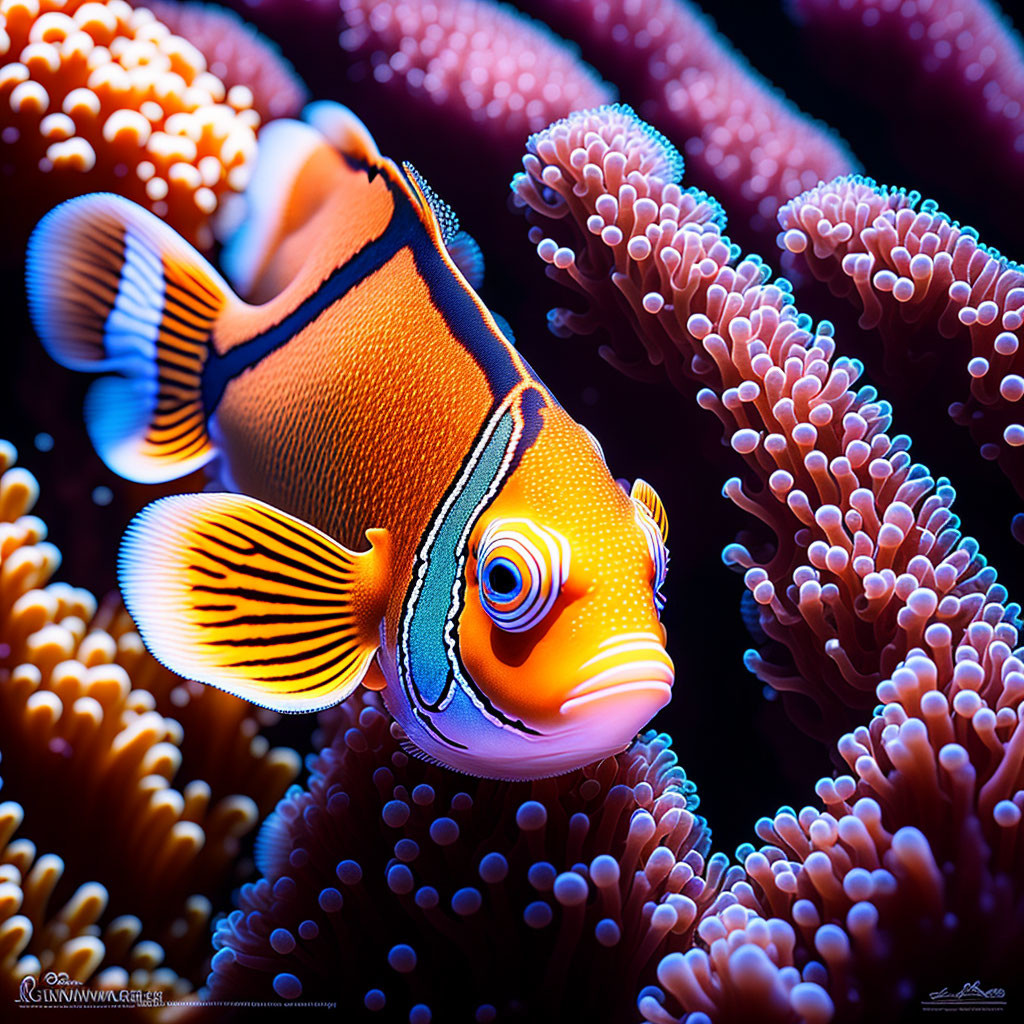 Colorful Clownfish Swimming Near Sea Anemone Tentacles