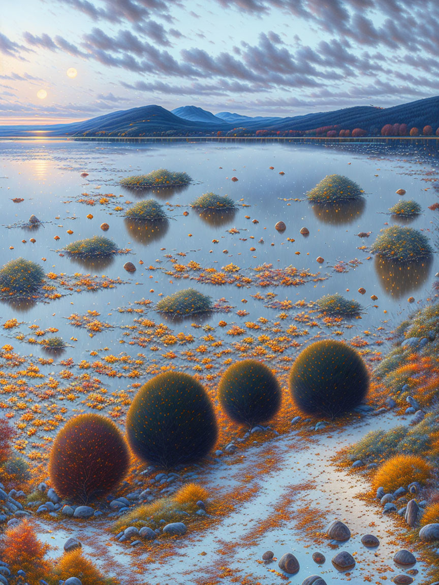 Surreal sunset landscape with round bush-like objects by reflective shoreline