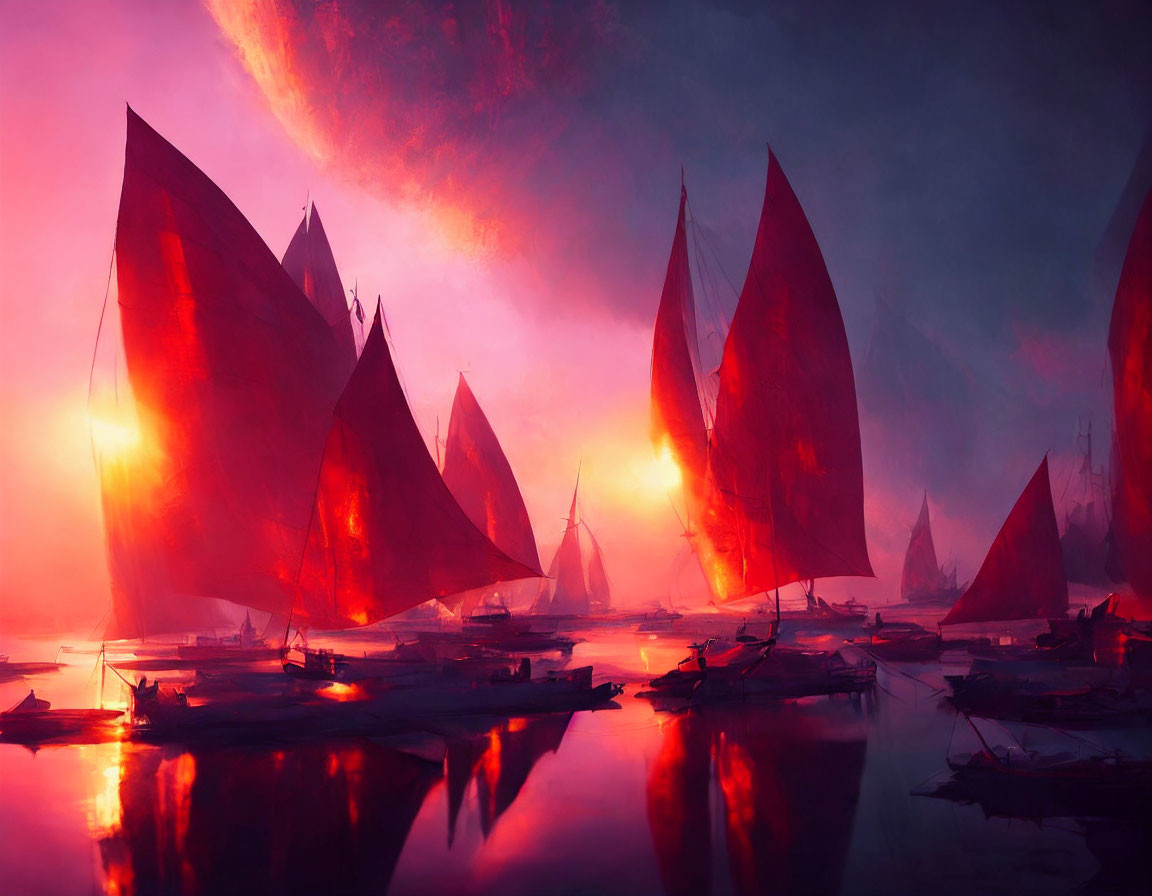 Vivid surreal crimson sails over tranquil waters and pink sky