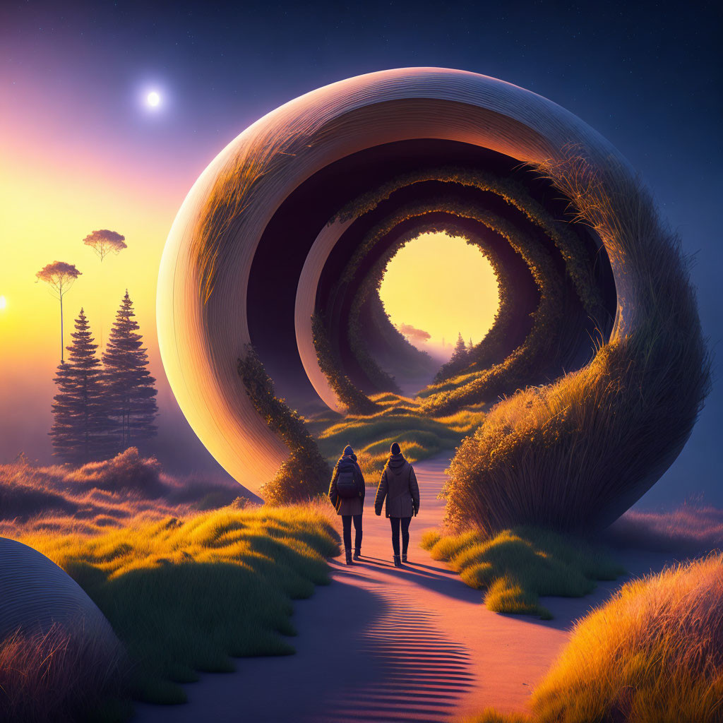 Two individuals approaching a massive spiral structure in surreal landscape