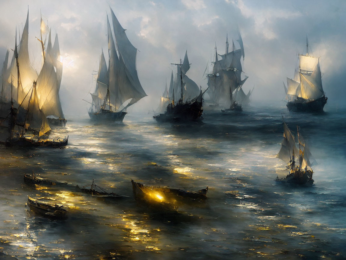 Sailing tall ships in misty waters with sunlight and intricate details