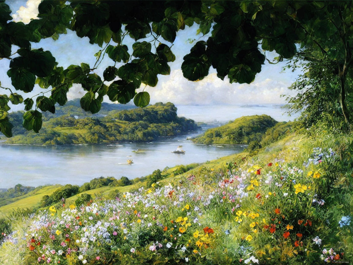 Tranquil landscape with green hill, wildflowers, river, boats, and blue sky