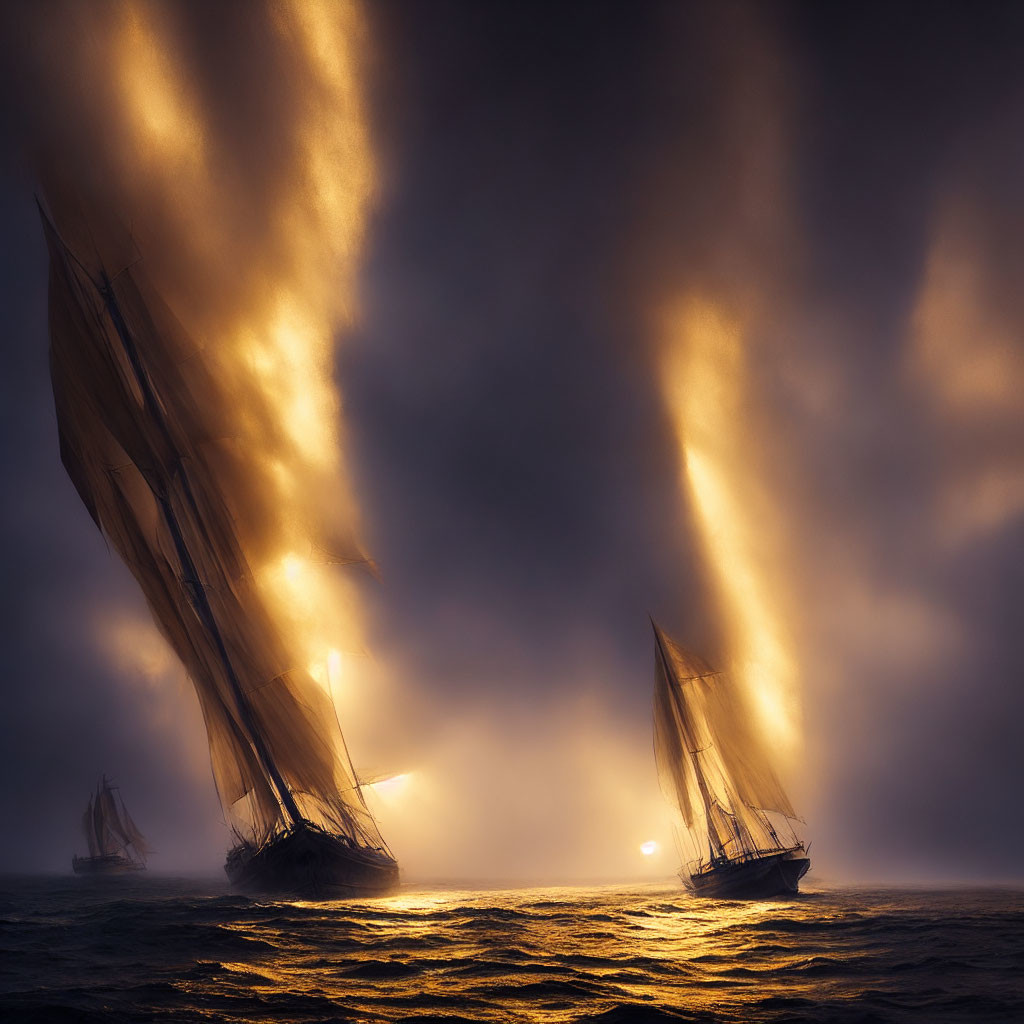 Sailing tall ships in misty sunset with sun rays and billowed sails