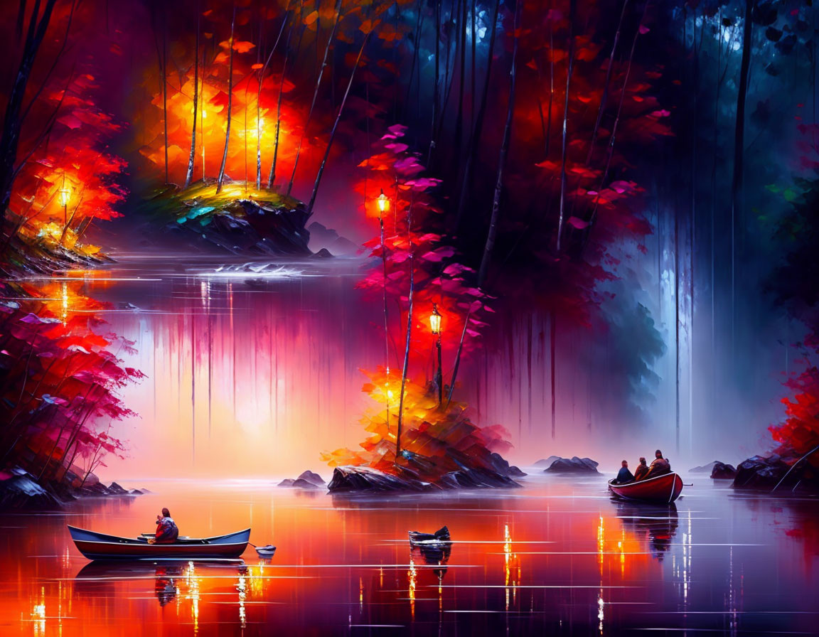 Colorful Autumn Forest Reflection with People in Boat