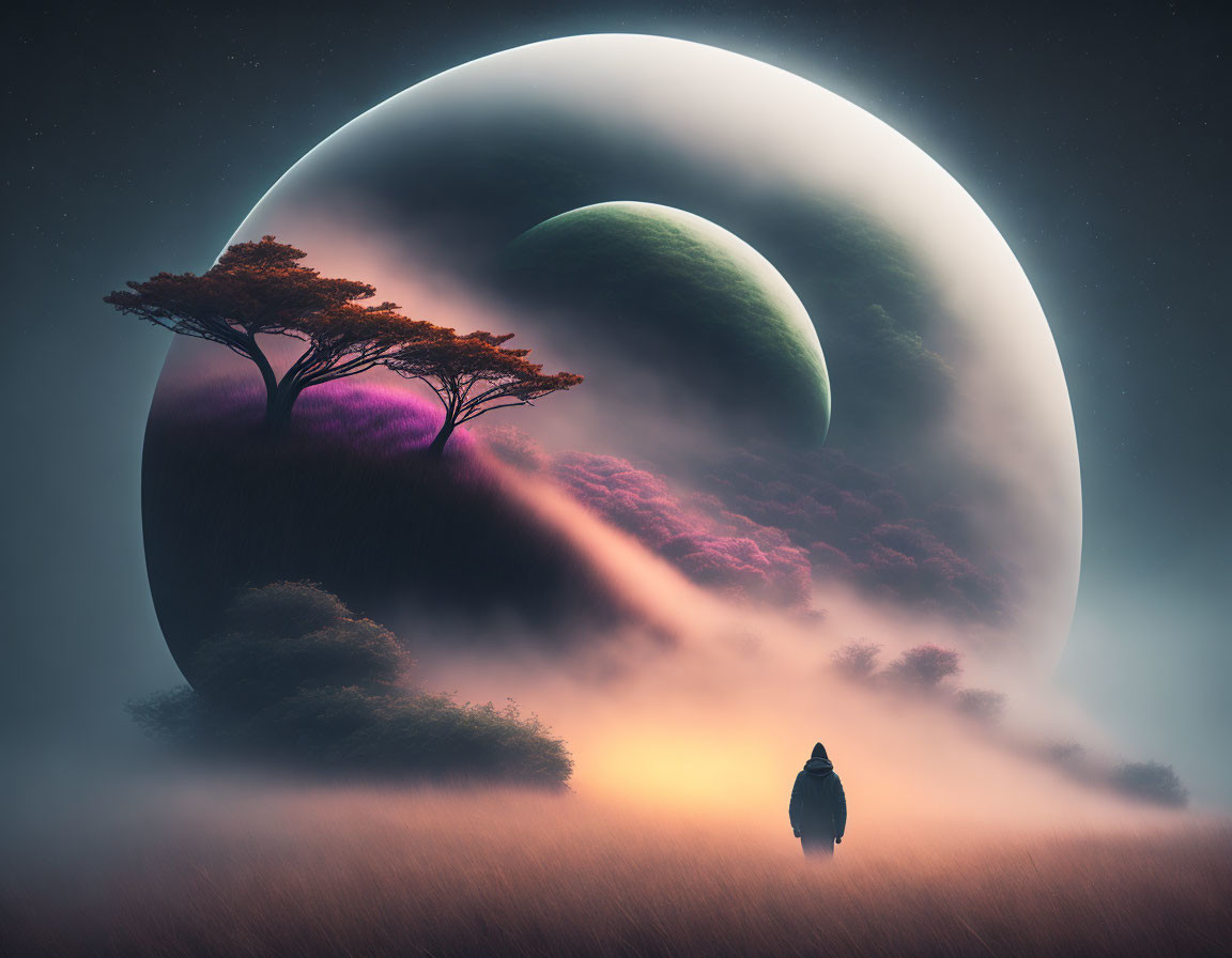 Lone figure in field at twilight gazes at surreal planet and colorful cloudscape.