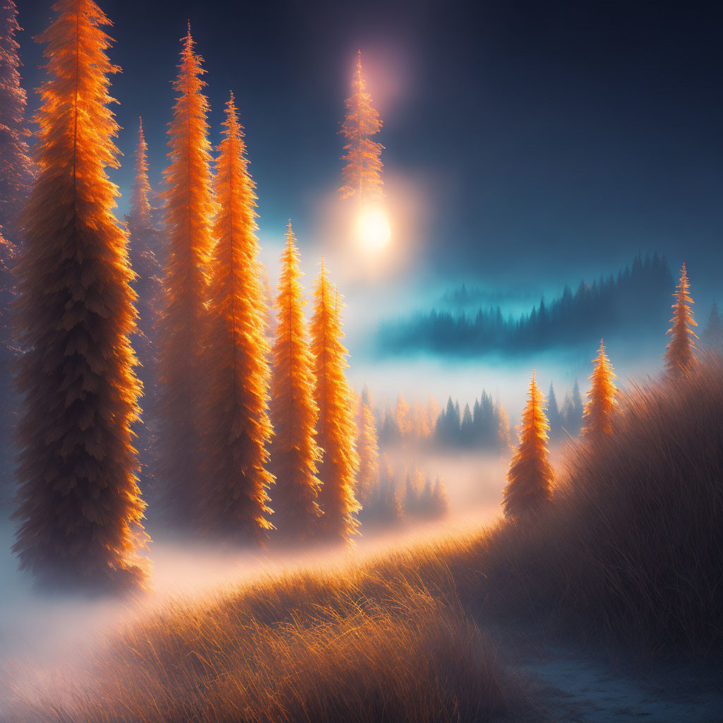 Golden trees in misty forest with glowing sun