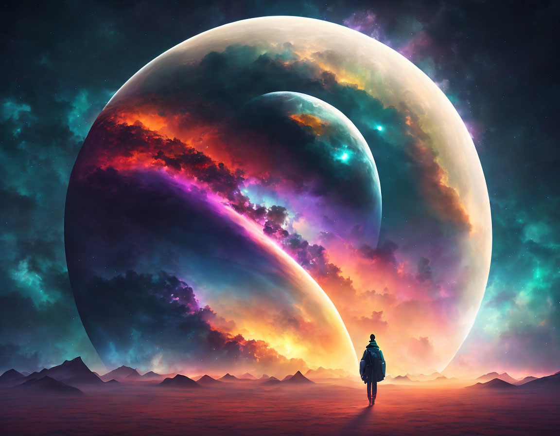 Person standing before surreal landscape with vibrant colors, twin moons, and starry sky