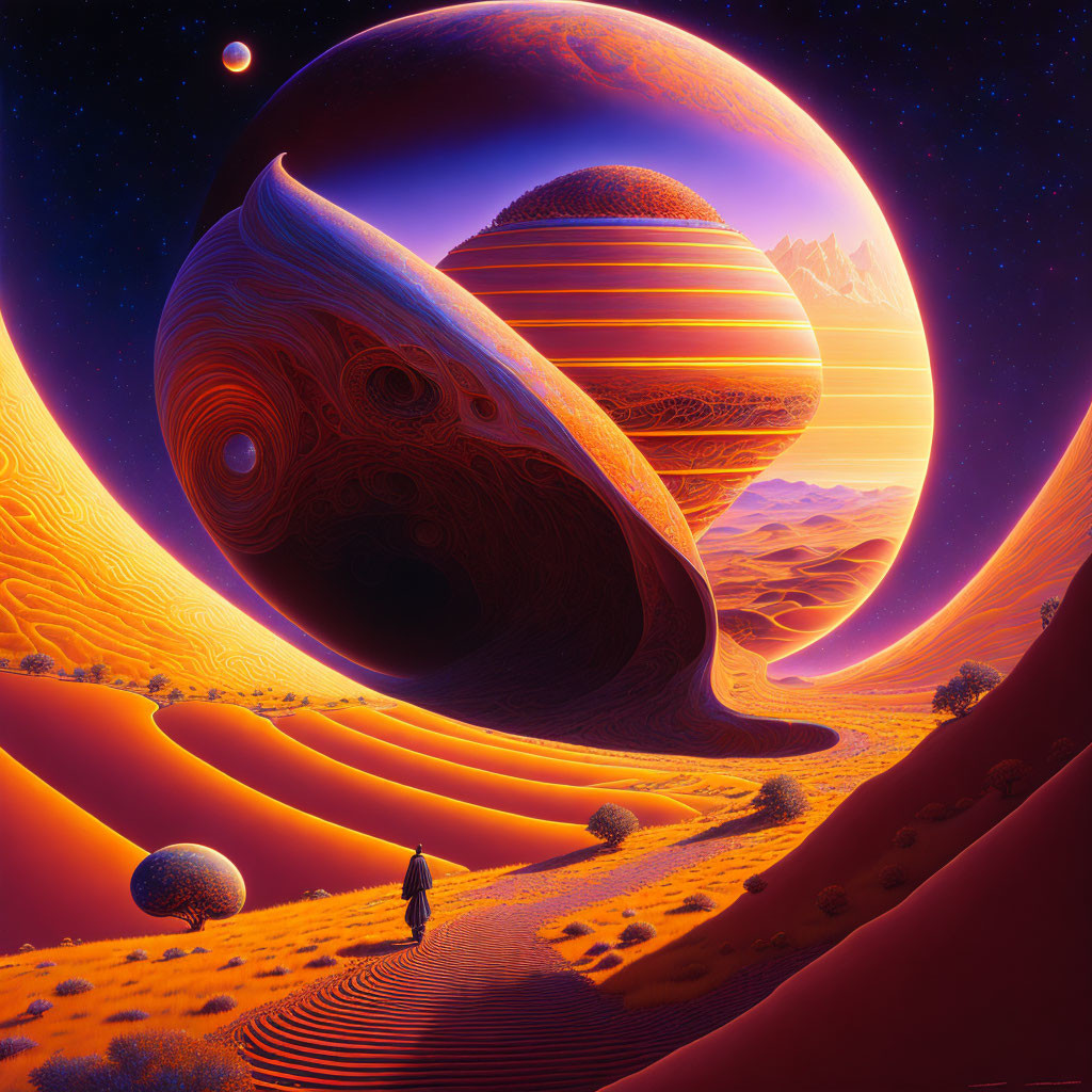 Person walking towards surreal desert landscape with large patterned planets in vibrant sky