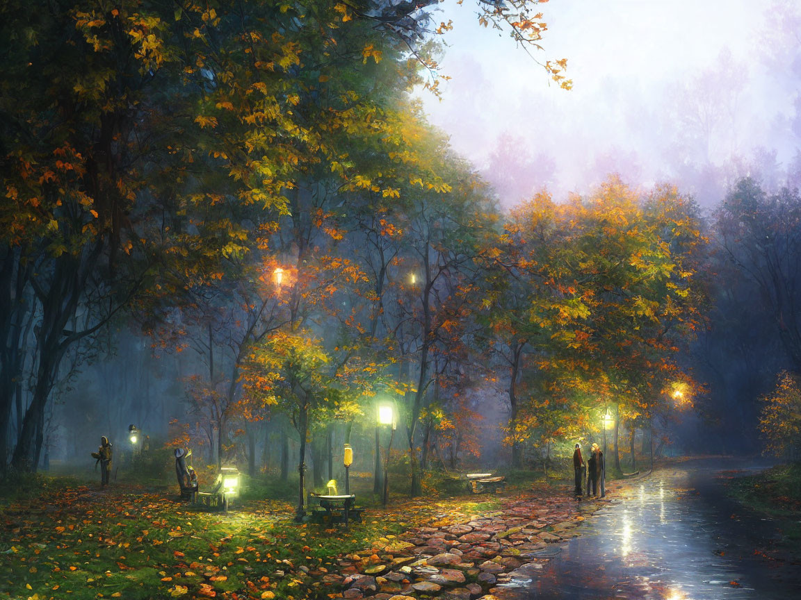 Tranquil Twilight Scene: Park with Glowing Lamps, Wet Path, Autumn Trees, Peace