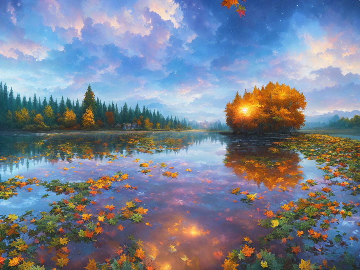 Tranquil lake with autumn leaves, vibrant forest, glowing tree at twilight