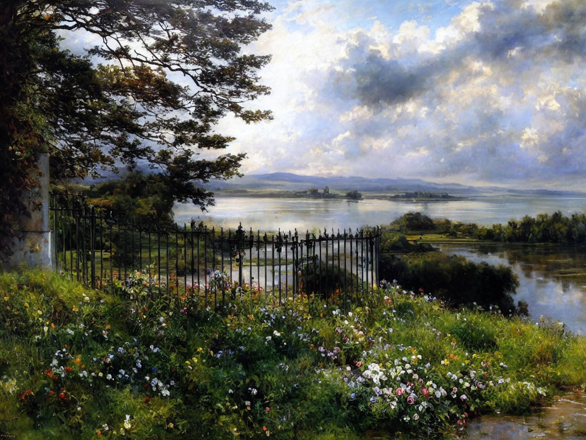 Scenic landscape with lake view, wildflowers, metal fence, and sunny sky