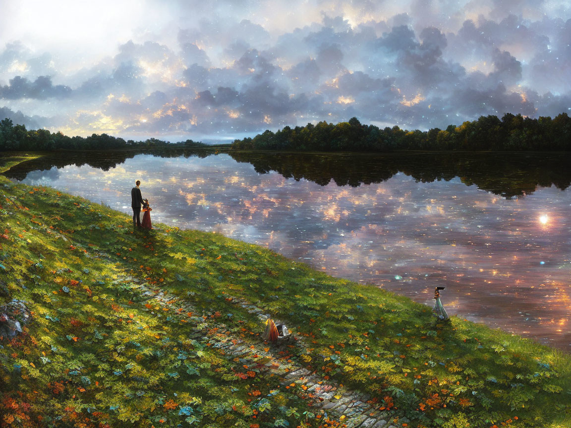 Tranquil dusk landscape with couple by reflective lake