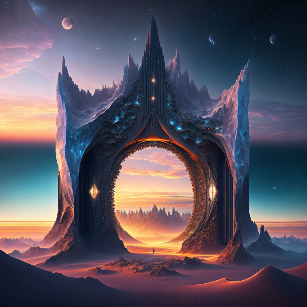 Fantastical alien archway under multiple moons and stars