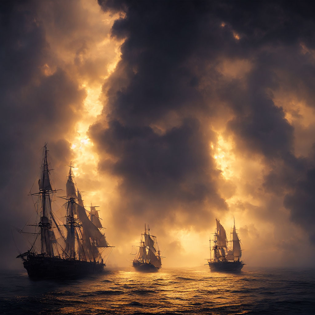 Dramatic tall ships sailing on stormy sea with sunbeams piercing clouds