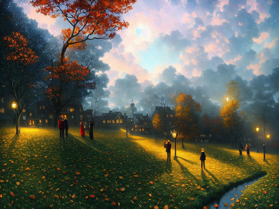 Colorful autumn scene with strolling people, glowing lampposts, serene stream, and quaint