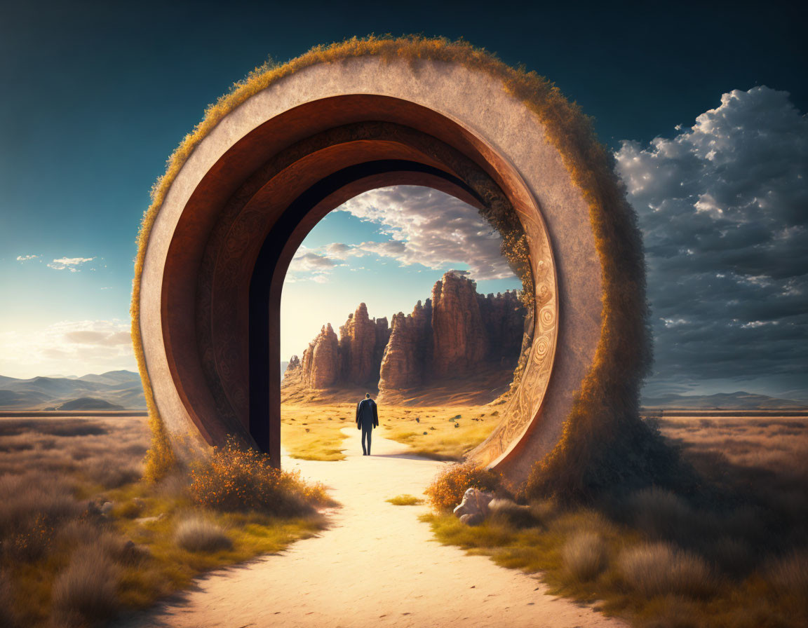 Circular Stone Gateway Leading to Towering Rock Formations in a Landscape