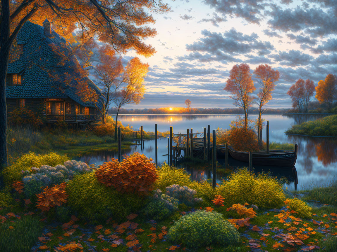 Tranquil autumn sunset over calm lake with cabin, boat, and foliage