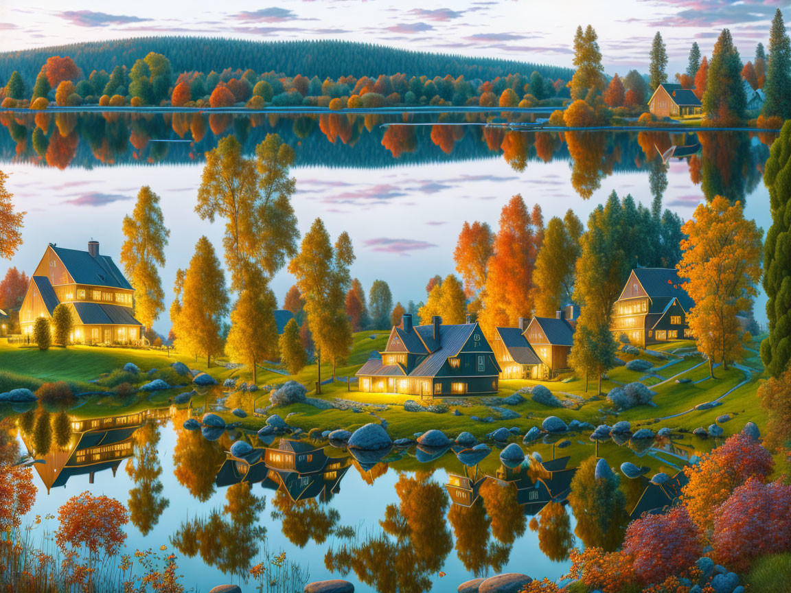 Scenic autumn lakeside view with illuminated houses and vibrant trees reflected in twilight calm water