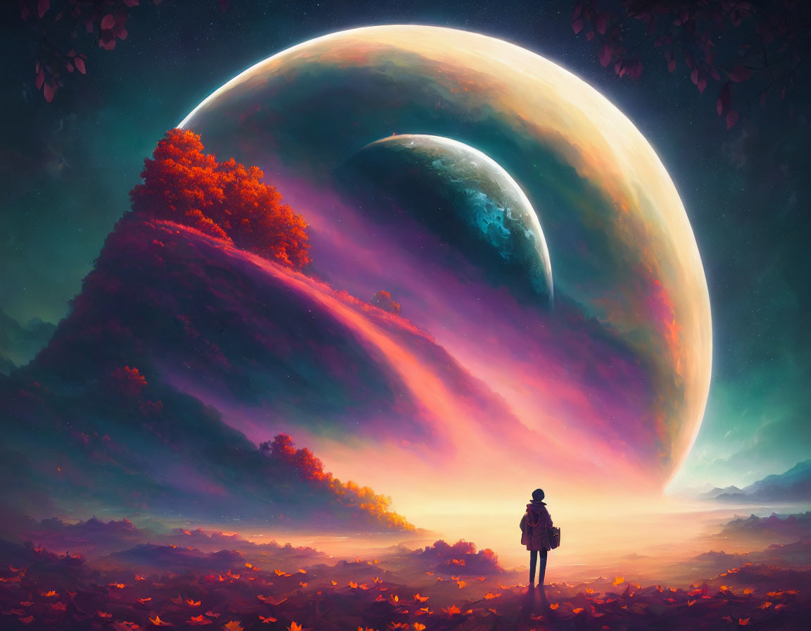 Person under celestial sky with colorful planet, dark tree branches, and red leaves.