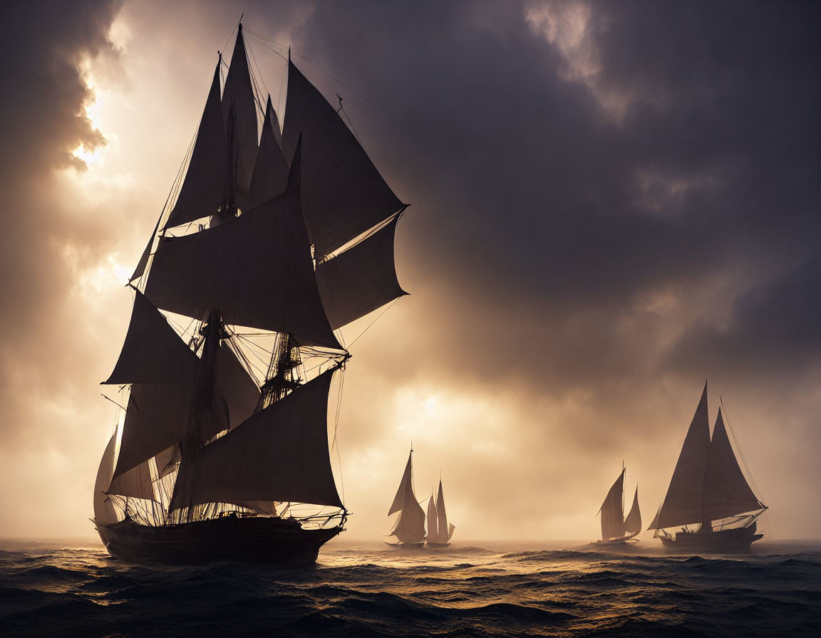 Majestic tall ships on turbulent sea under dramatic sky