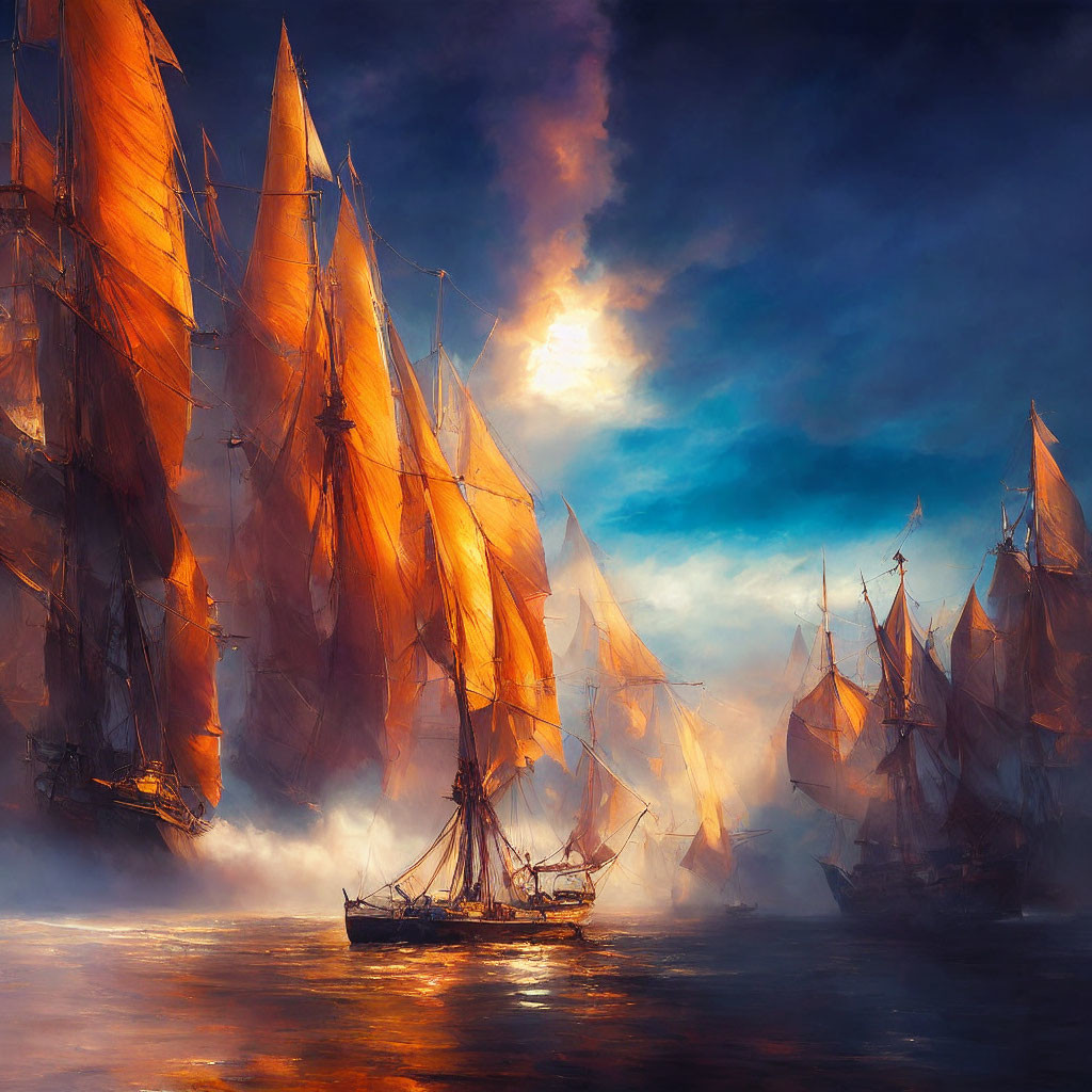 Glowing orange sailboats in mist under dramatic sky with visible sun