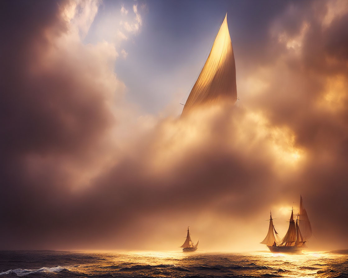 Sailboats navigating misty golden-lit sea under dramatic sky