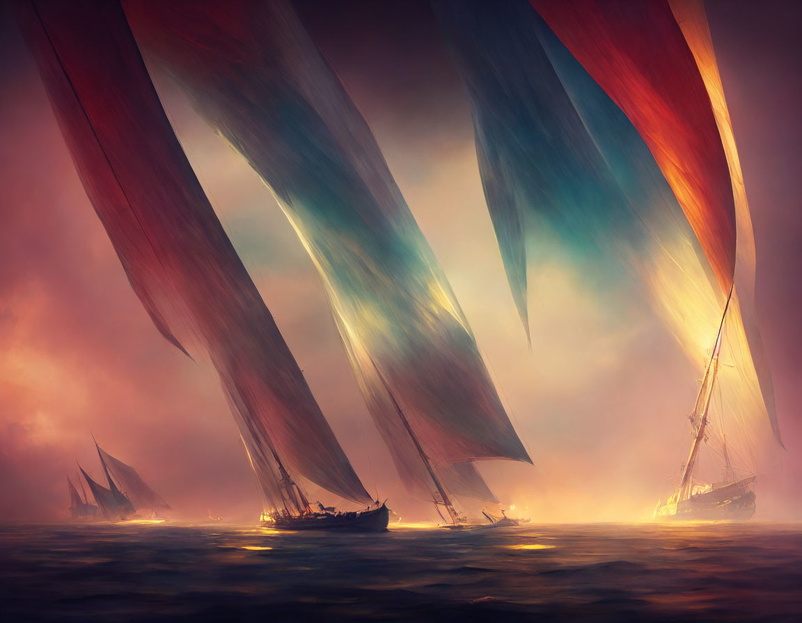 Colorful sailing ships on misty, golden-lit waters