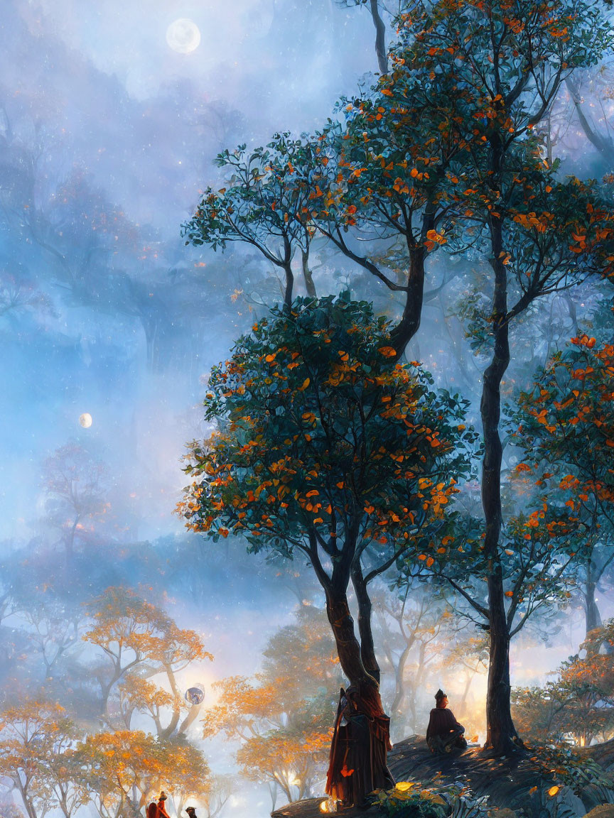 Mystical forest scene with silhouetted figures under orange-flowered tree