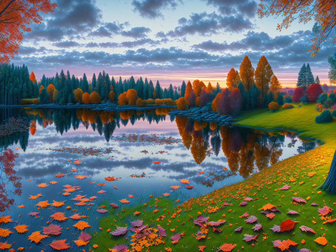 Scenic autumn lake with colorful trees and sunset sky