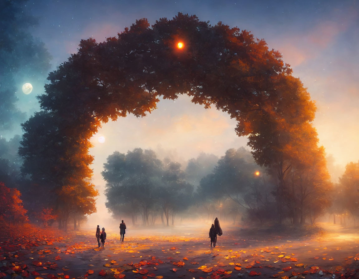 Tranquil autumn landscape with people under leafy arch