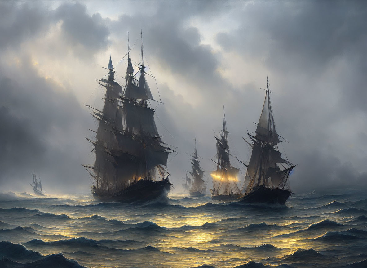 Tall ships navigating stormy sea under dramatic sky