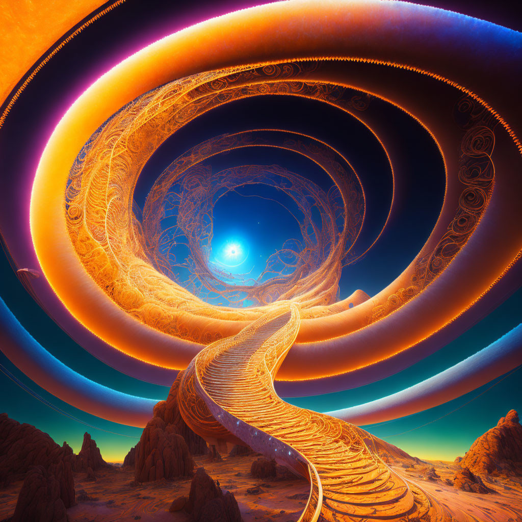 Glowing fractal spiral in desert landscape under twilight sky