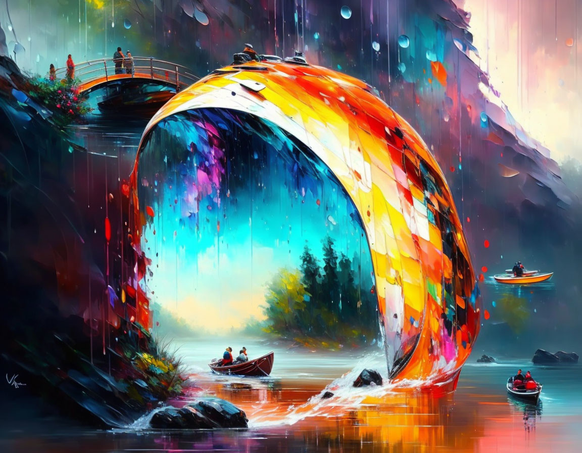 Colorful surreal painting of people on bridge and boats under swirling portal