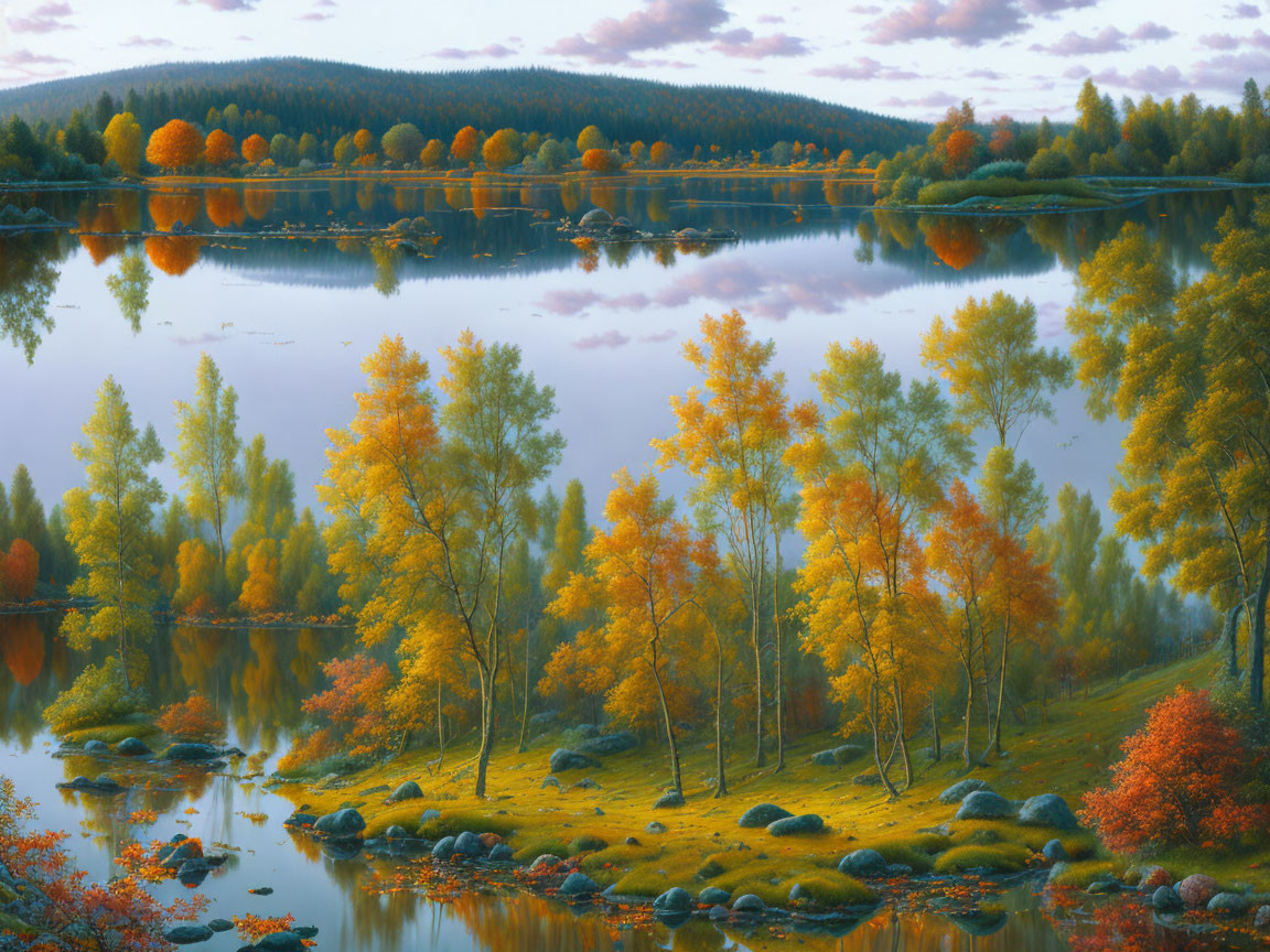 Tranquil autumn scene: colorful trees mirrored in calm lake