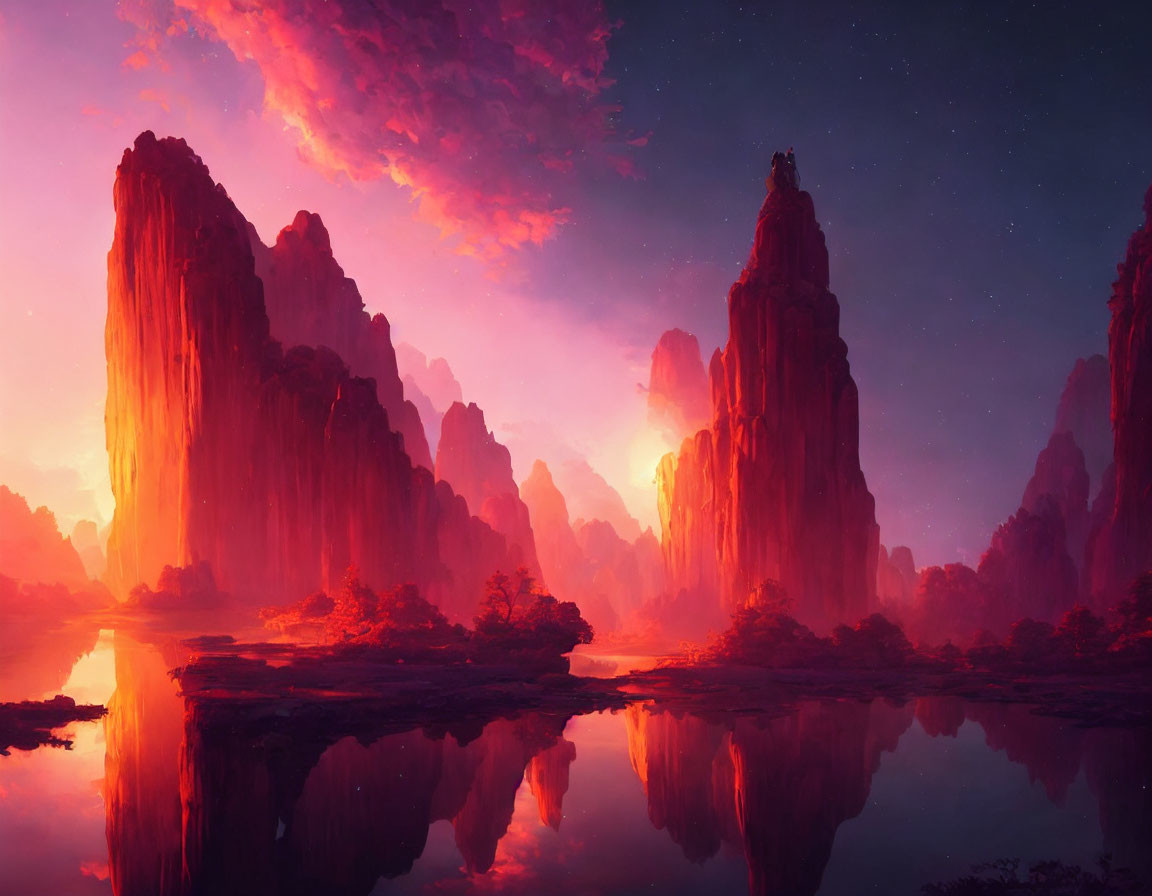 Serene fantasy landscape with towering rock formations and vibrant sky