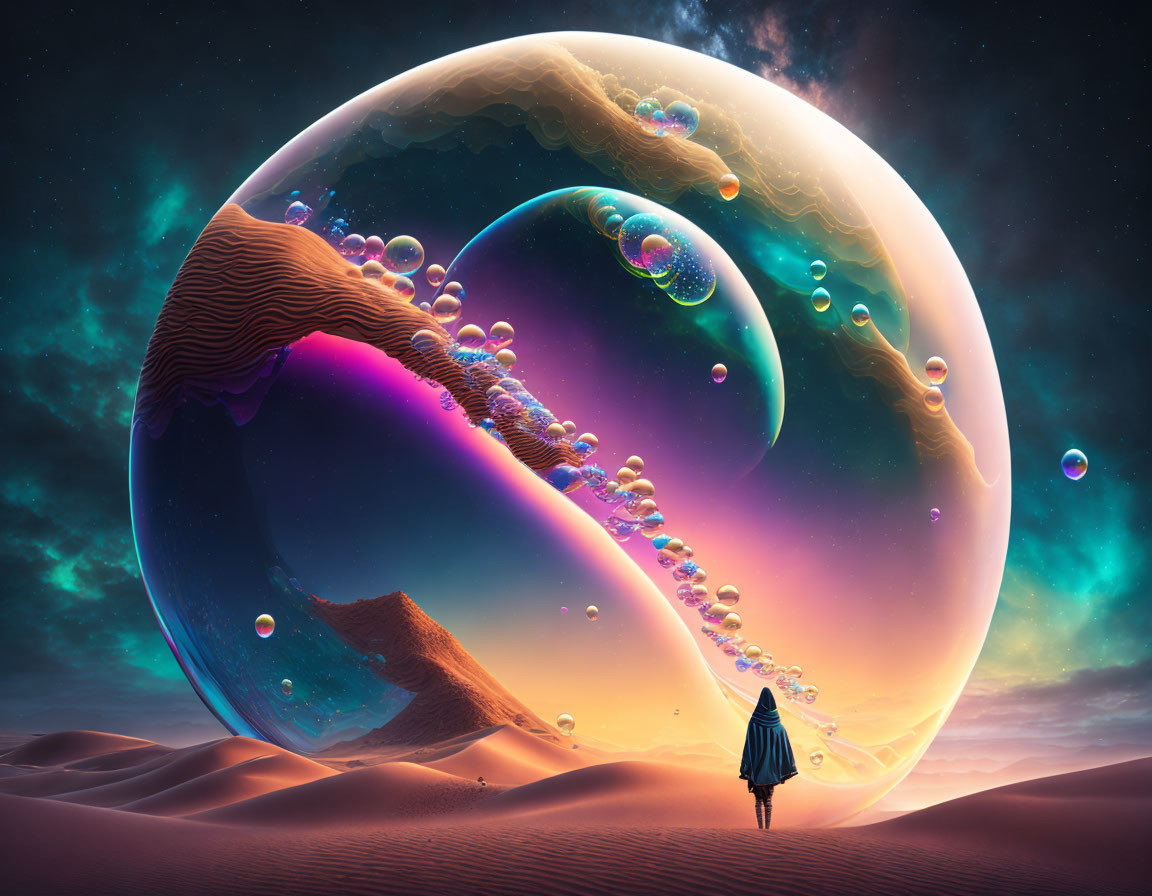 Figure in surreal landscape with iridescent bubbles and spheres