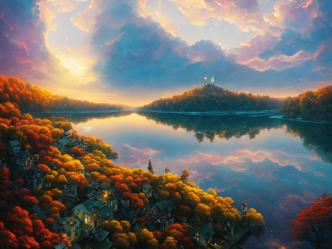 Scenic autumn landscape with river, colorful trees, houses, and castle under sunset sky