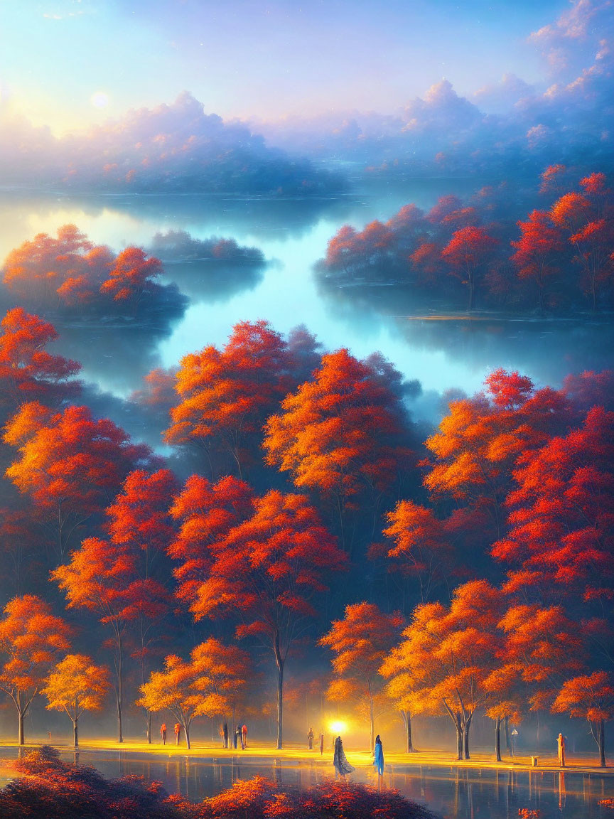 Tranquil autumn landscape with orange trees, misty lake, sun glow, and waterfront stroll