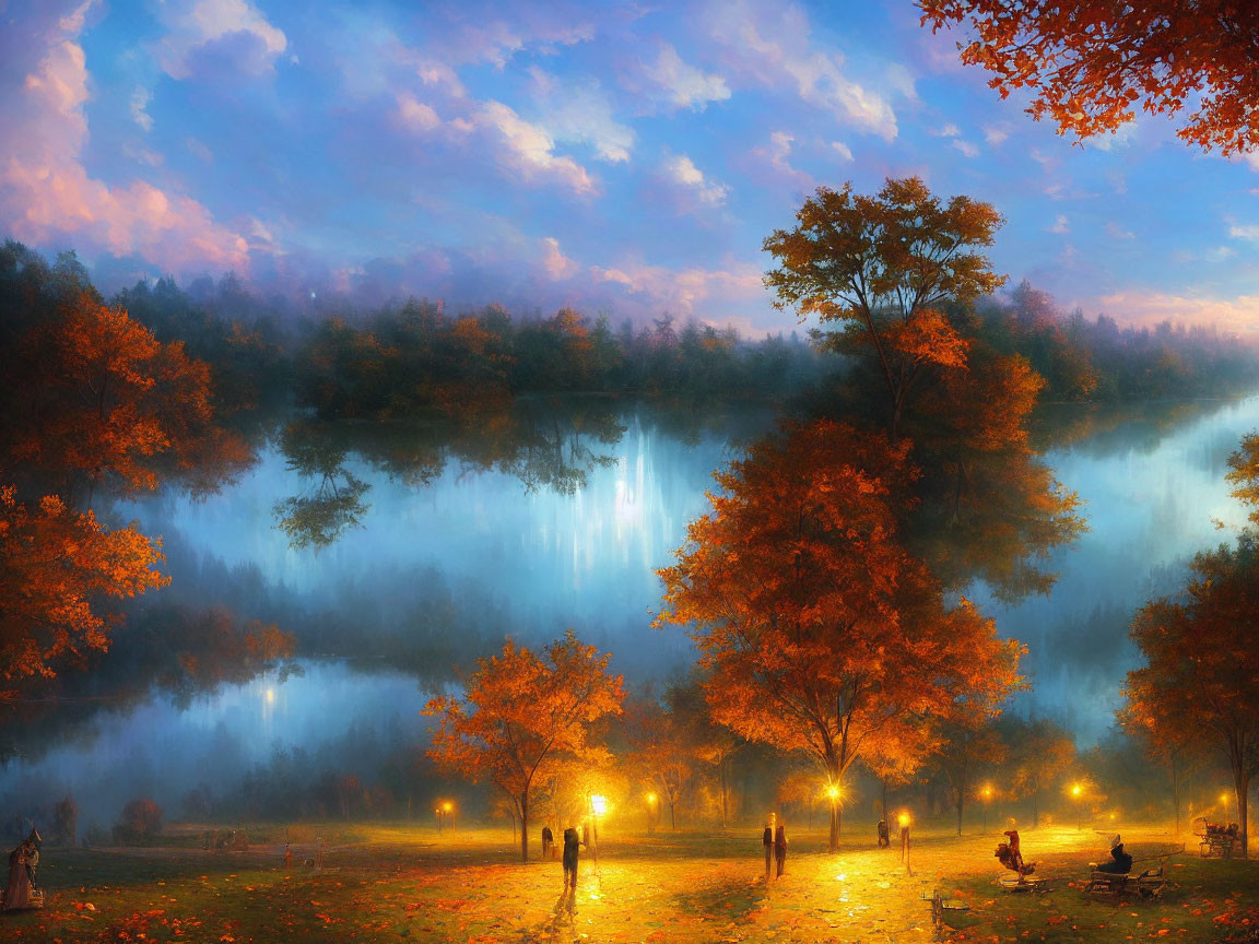 Tranquil Dusk Park: Misty Lake, Autumn Trees, Street Lamps, Serene