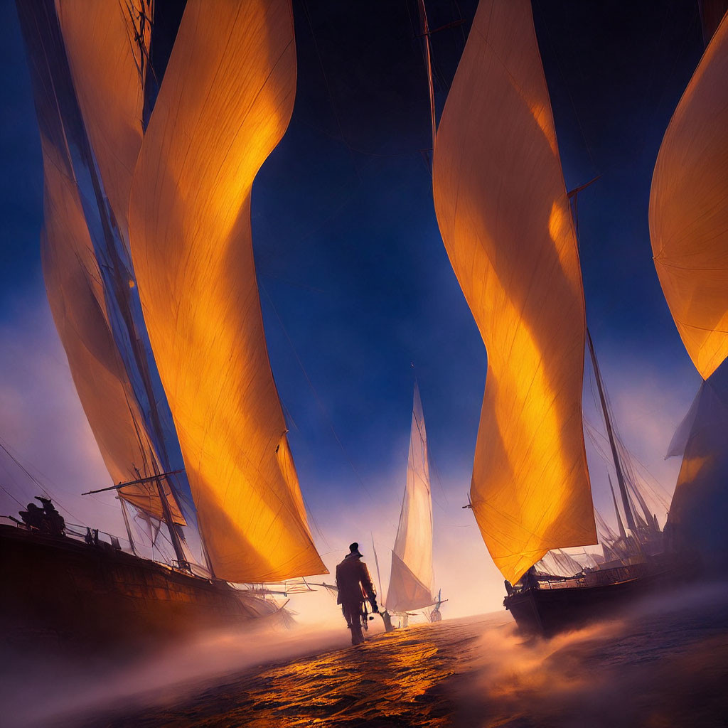 Person walking between towering illuminated sails on boats with golden glow and misty atmosphere at dusk or dawn.