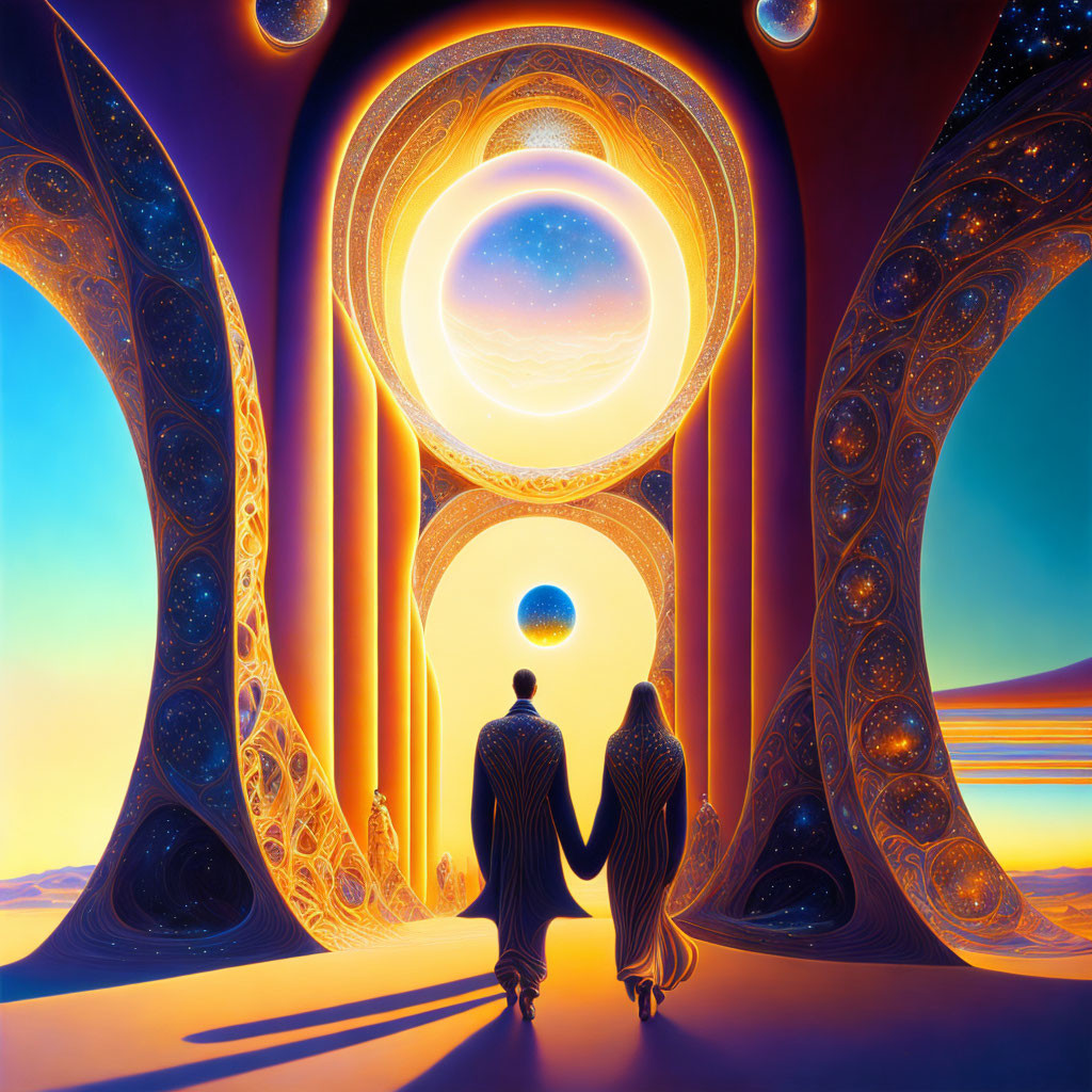 Couple Holding Hands Before Futuristic Gateway with Celestial Orb