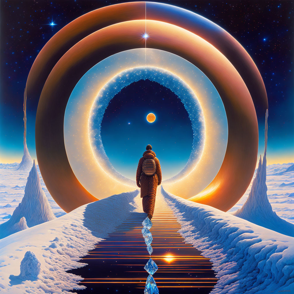 Person standing before surreal cosmic gateway in snowy landscape with celestial scene.