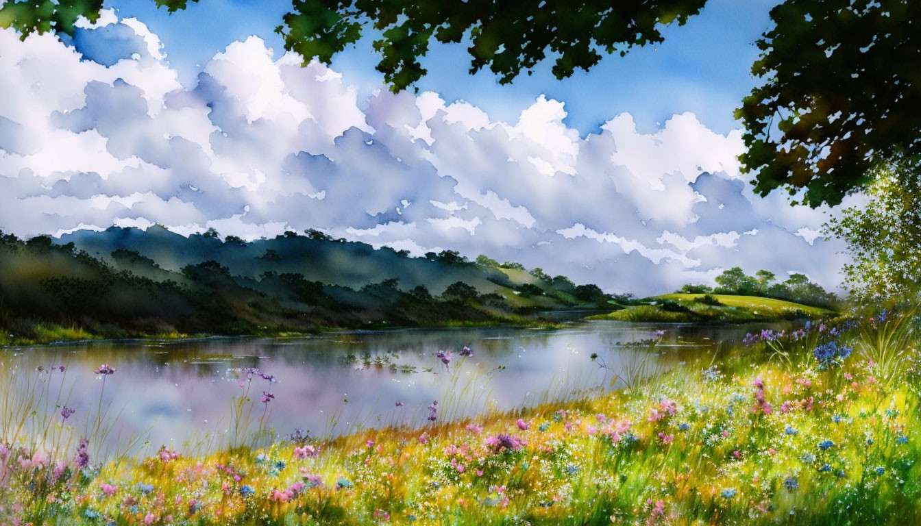 Colorful Watercolor Landscape: Tranquil Lake, Greenery, Wildflowers