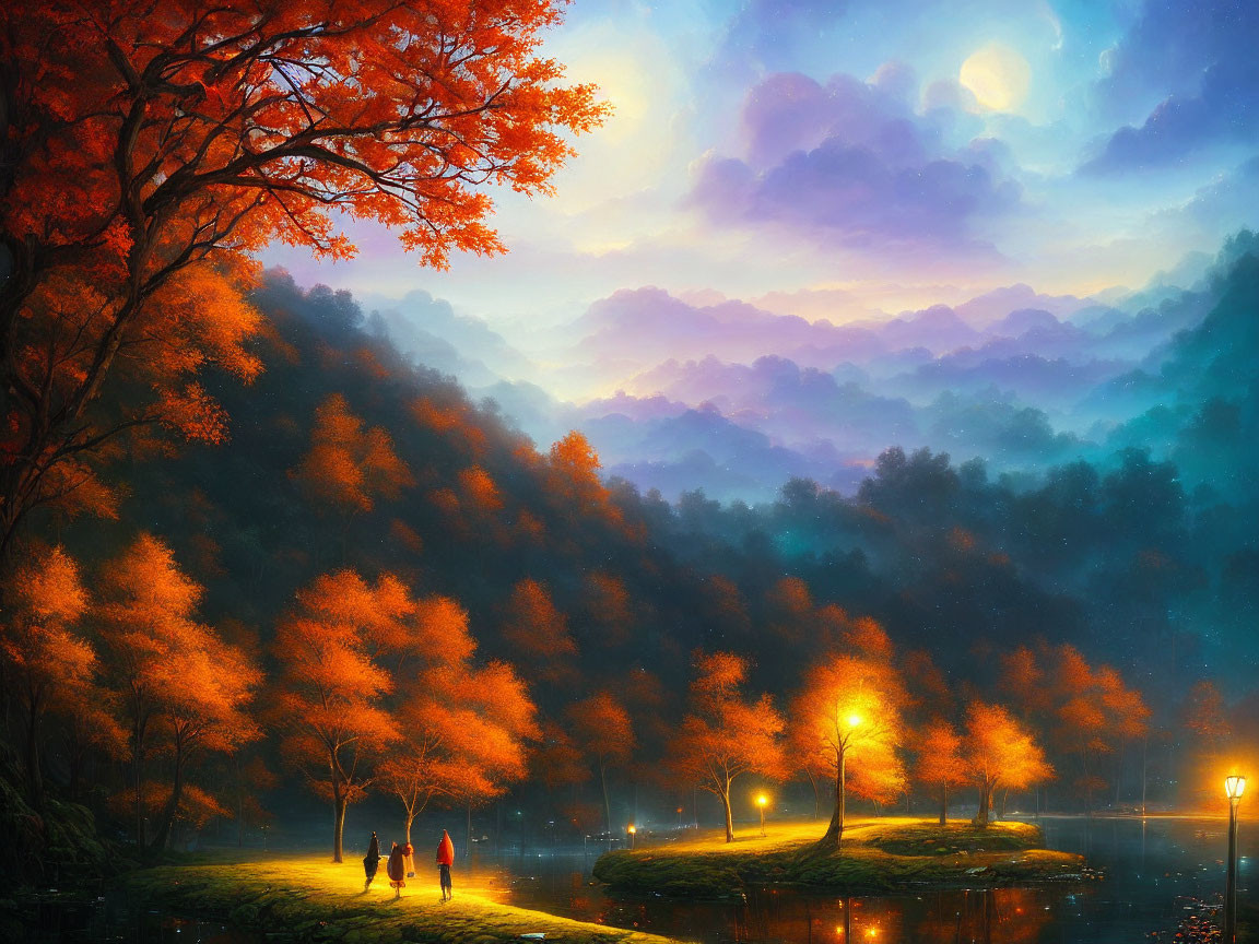 Moonlit autumn lake scene with fiery orange trees and misty mountains