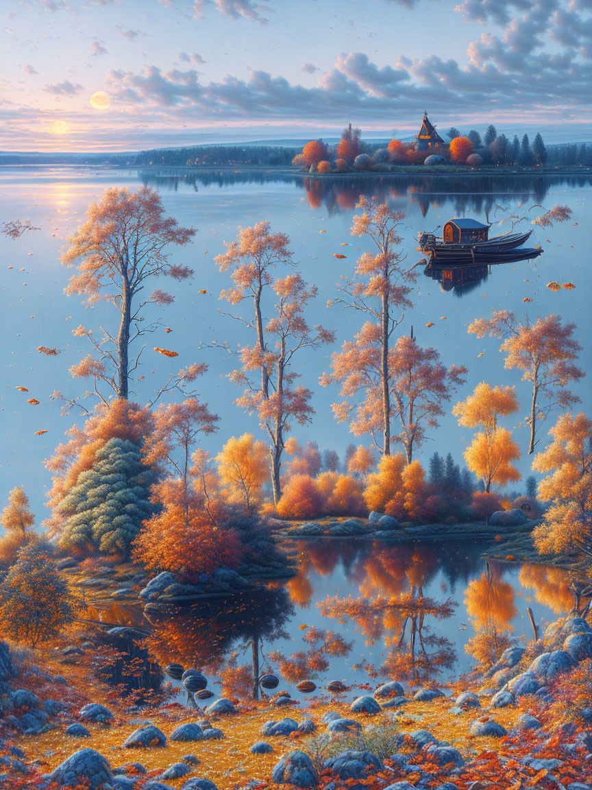 Tranquil autumn sunrise with golden trees, calm lake, boat, islet house, warm sky