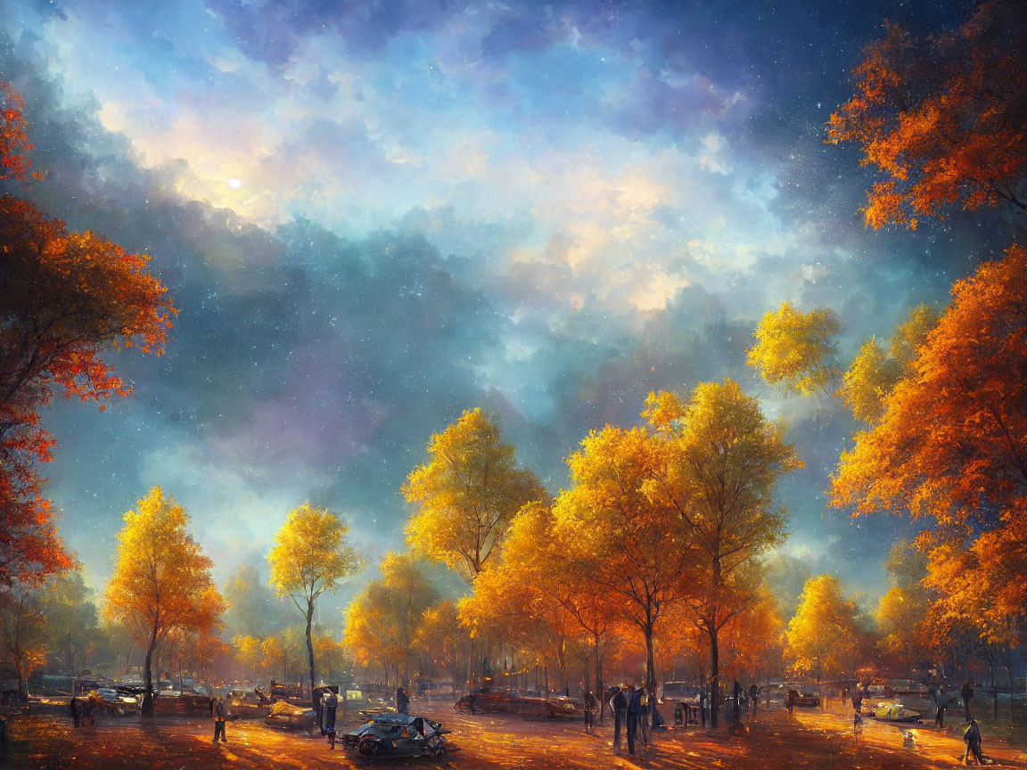 Colorful autumn park scene with golden trees, people, and vintage cars